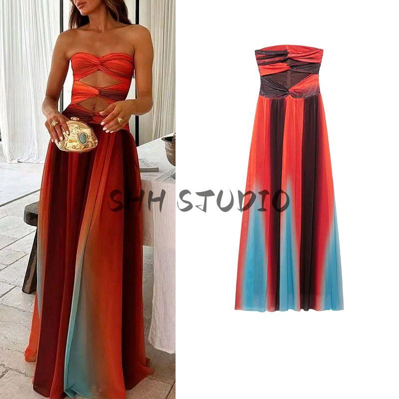 Spring and Summer Women's Clothing Word Collar Sleeveless Printed Tube Top Vacation Style Mesh High Waist A- line Long Midi Skirt Dress