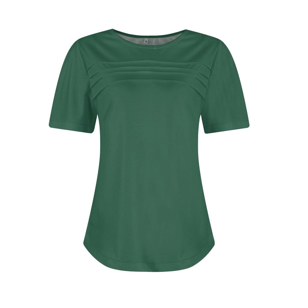 Damen T-Shirt mit plissiertem Rundhalsausschnitt, einfarbig, kurzärmelig, Saumschlitz