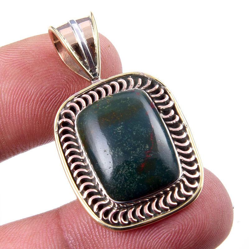 

Natural Bloodstone Gemstone 925 Solid Sterling Silver TwoTone Pendant 1.50 L9Q41