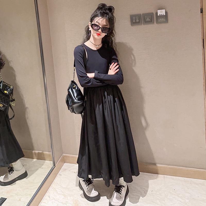 

Черное платье с длинным рукавом в стиле Хепберн для девочек - 2025 Корейское милое и модное пышное платье для осени/весны 160cm