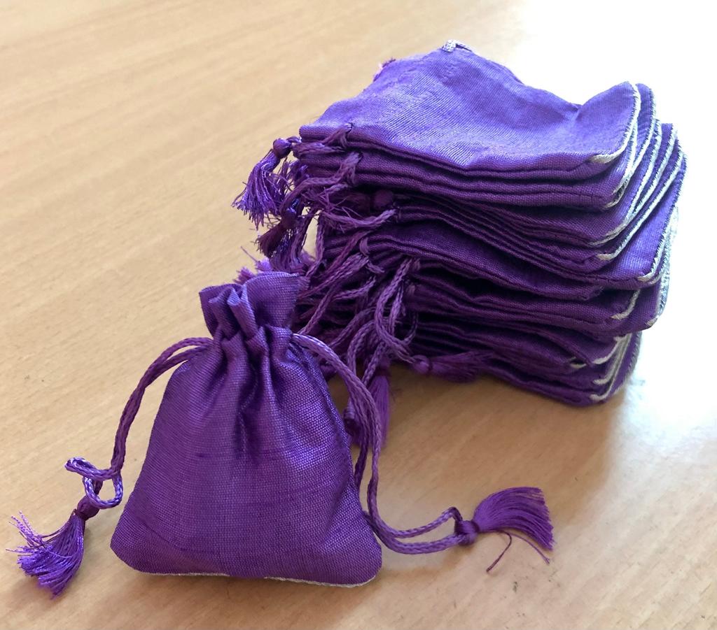 25 Pc 6X8 cm Raw Silk Jewelry Pouch Bag with Tassle drawstring Zari Border, Wedding Favor Party Favour, Gift Bag Jewellery PURPLE