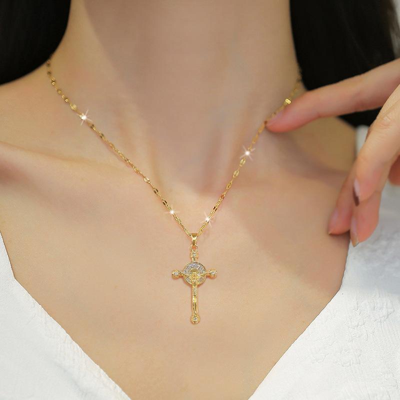 Titanium Steel Portrait Cross Light Luxury Temperament Gorgeous Full Diamond Necklace Female Versatile Collarbone Chain Titanium Steel Chain