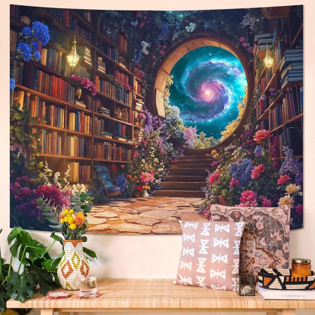 Forest Library Tapestry Tree Bookshelf Tapestries Wall Hanging Vintage Fantasy Fairy Treehouse Book Large Tapestry for Bedroom