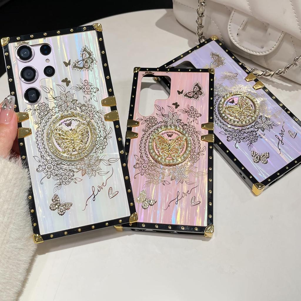for Samsung Galaxy S25 Ultra Glitter Kickstand Case, Cute Luxury 3D Bling Sparkly Floral Diamond Butterfly with Ring Stand Elegant Shockproof Women