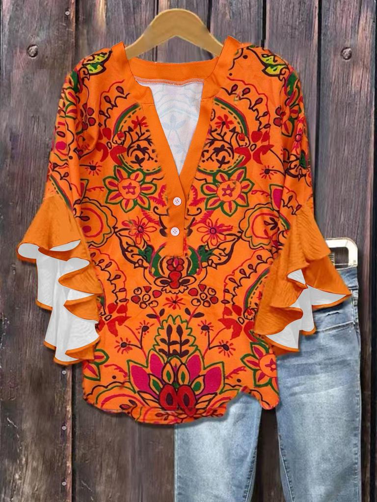 2026 European Floral Print V-neck Lace T-shirt for Women