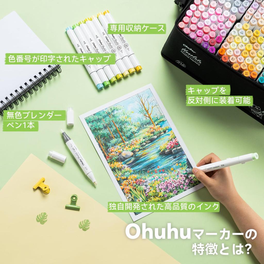 Ohuhu Marker 216 Farben Professionell Pastell und Illustration Pinsel und Breit Enthält 1 Blender Honolulu Serie Pinselstift, (217 Stifte), Markierer,
