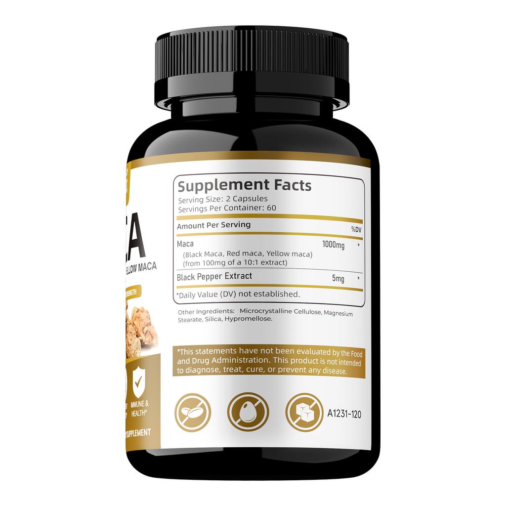 Capsule di estratto di Maca, con aggiunta di pepe nero per migliorare l'assorbimento, equilibrare gli ormoni, aumentare l'energia e migliorare l'umore.