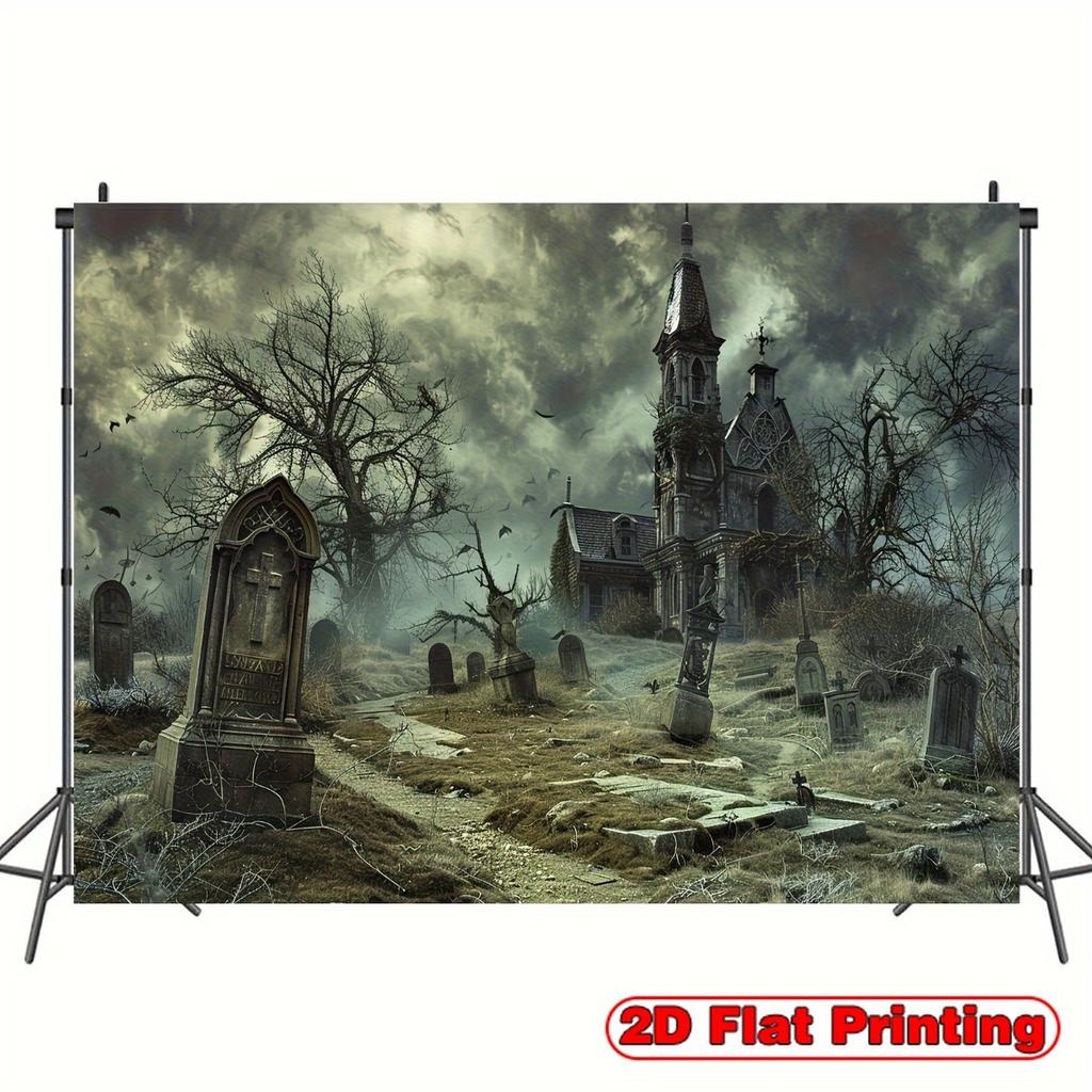 2D planar gothic cemetery and ghost castle background banner, featuring bats, tombstones and cemetery scenes