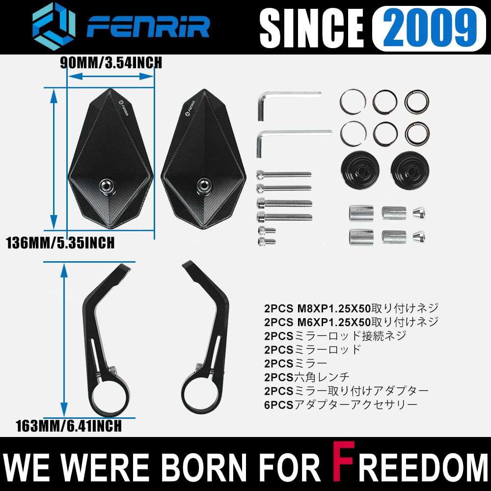 FENRIR Black Motorcycle Motorcycle Bar End Mirror, Motorcycle Mirror, Retro CNC Aluminum, M6/M8 Screws,