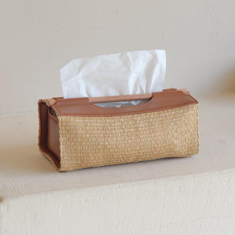 French Retro Straw & Leather Tissue Box | Home Living Room Napkin Holder, Desktop Paper Towel Storage Decorative Case