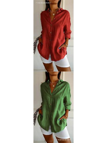 Women's Solid Color Single-Breasted Pleated Lapel Shirt with Roll-Up Sleeves - European & American Style