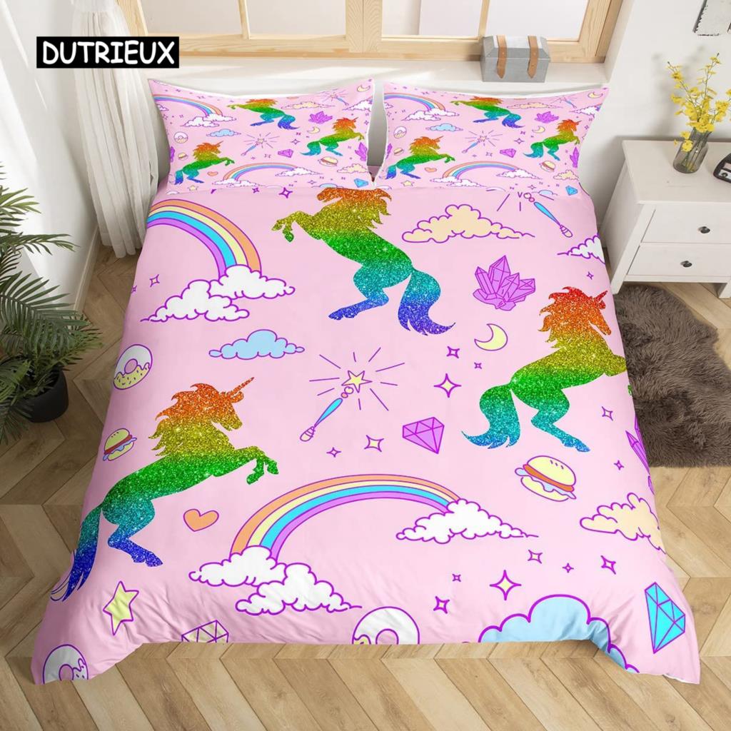 Unicorn Duvet Cover Set Cartoon Animal Galaxy Star Floral Bedding Set for Kids Girls Polyester Romantic Theme Comforter Cover