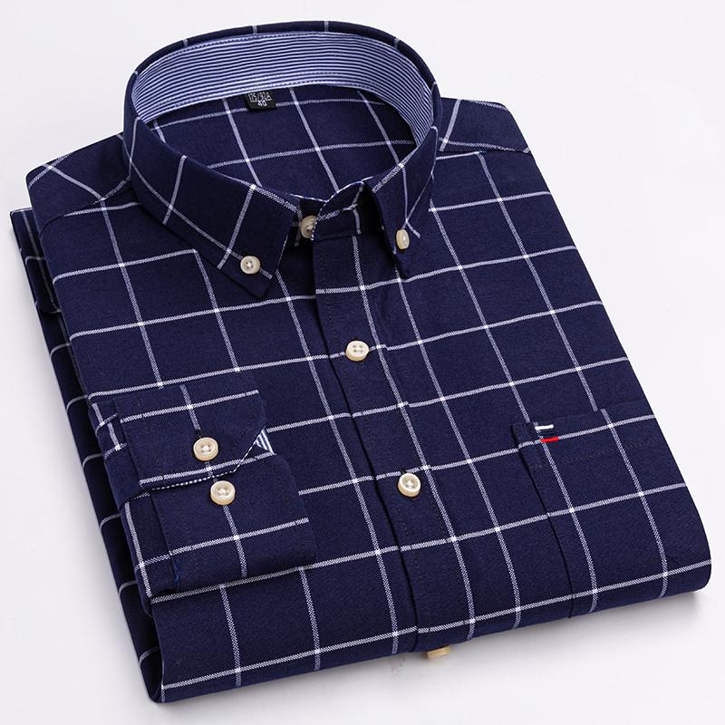 Men's 100% Cotton Shirt Long Sleeve Plaid Oxford Casual Solid Color Print Regular Fit Formal Dress Shirt Oversized 7XL  6XL 5XL