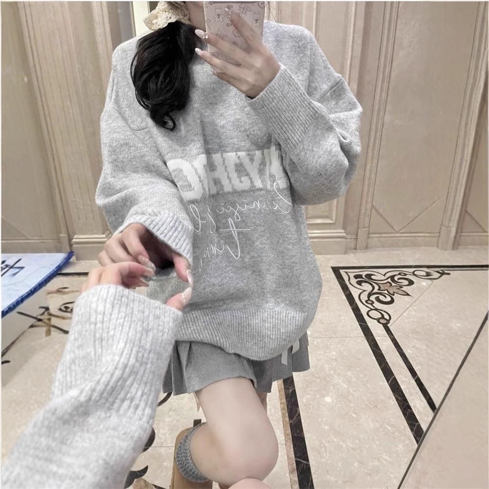 

Вязаный свитер серого цвета в корейском стиле с вышивкой - Женская мода с длинным рукавом для осени и зимы Double Extra Large серый