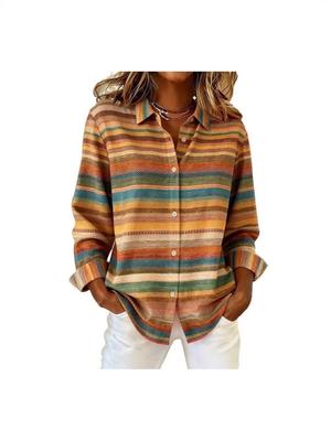 Women's European & American Striped 3D Print Casual Loose Long Sleeve Shirt