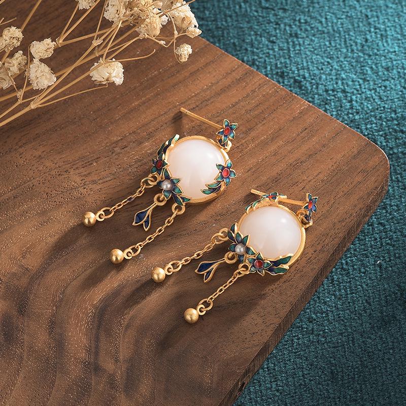 

Aieryuan Cloisonné Enamel & Imitation Hetian Jade Gold-Plated Vintage Earrings