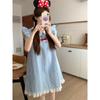 French Small Fragrant Wind Blue Plaid Small Flying Sleeve Dress Women's Summer Girl New Small Doll Collar Skirt