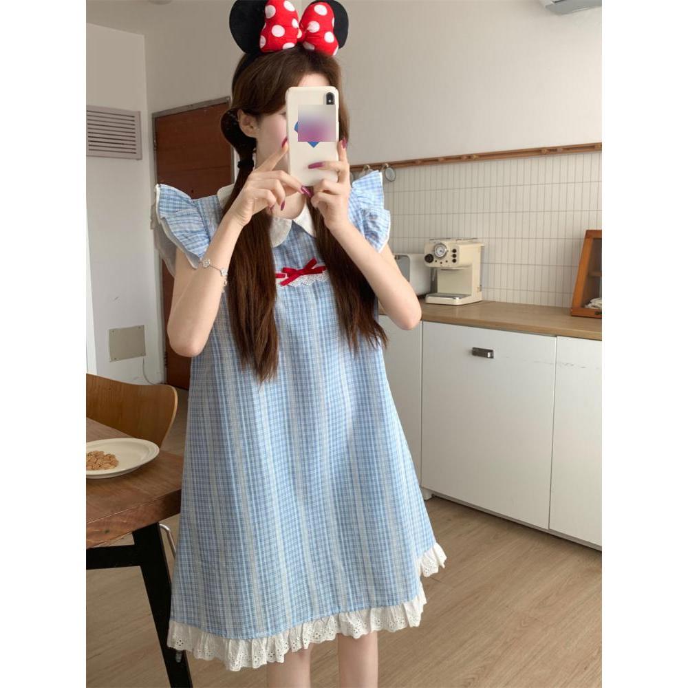 French Small Fragrant Wind Blue Plaid Small Flying Sleeve Dress Women's Summer Girl New Small Doll Collar Skirt