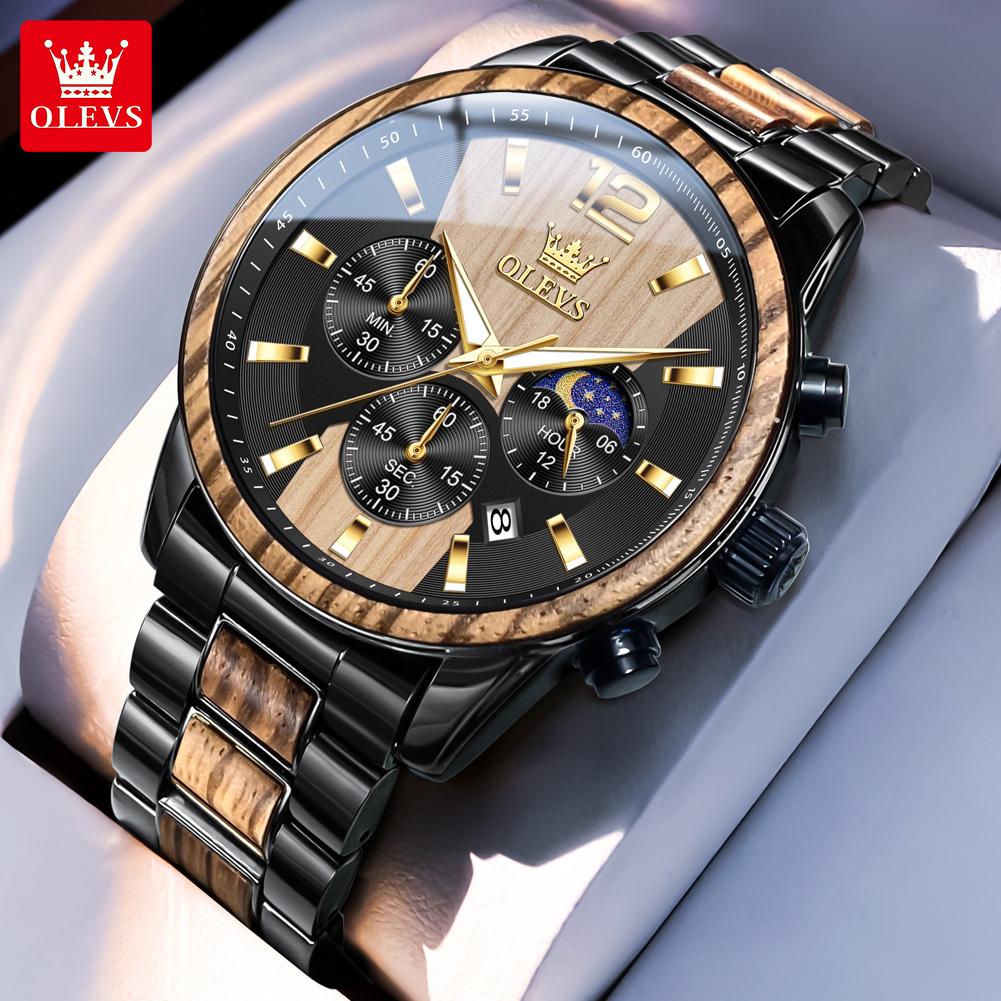 

OLEVS Brand New Creative Wood Multifunctional Quartz Watch for Men Moon Phase Chronograph Date High-end Business Men s Watches жёлтый/чёрный