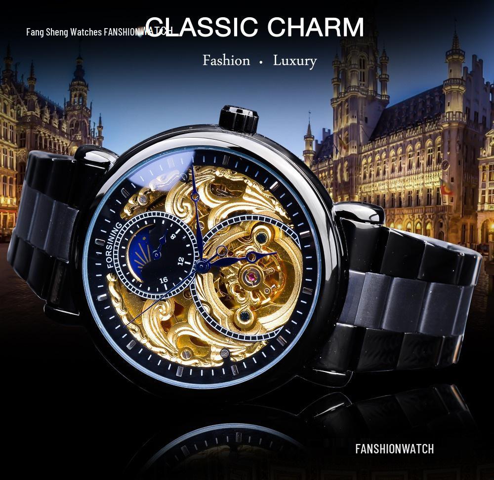 FORSINING Men's Tourbillon Moon Phase Automatic Mechanical Watch with Engraved Hollow Steel Band