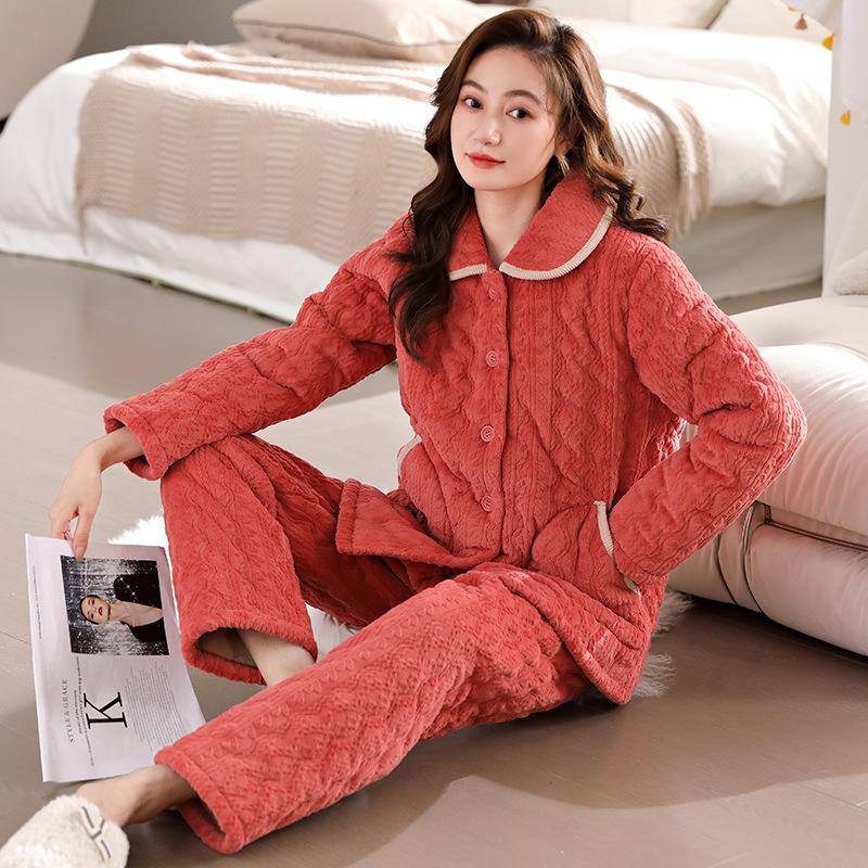 Winter Coral Fleece Padded Pajamas Women'S Three-Layer Thickened Flannel Women'S Loungewear Set