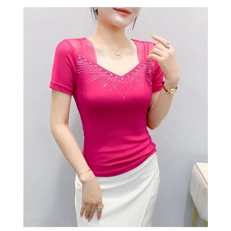 Summer V Neck Short Sleeved Women's T Shirt Fashion Sexy Diamond Mesh Tees Lace