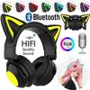 Auriculares plegables con oreja de gato LED brillantes para juegos, auriculares con graves pesados, Bluetooth 5,0, auriculares inalámbricos verdaderos con micrófono