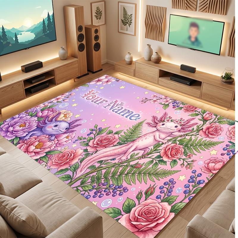 Axolotl Theme Soft Crystal Velvet Rug Custom Name & Text Print Non Slip Floor Rug for Bedroom Living Room