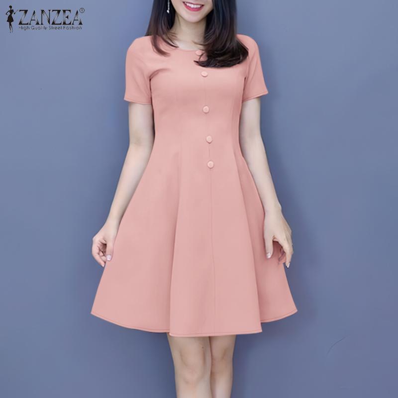ZANZEA Women Summer Round Neck Short Sleeve Casual A-Line Dress
