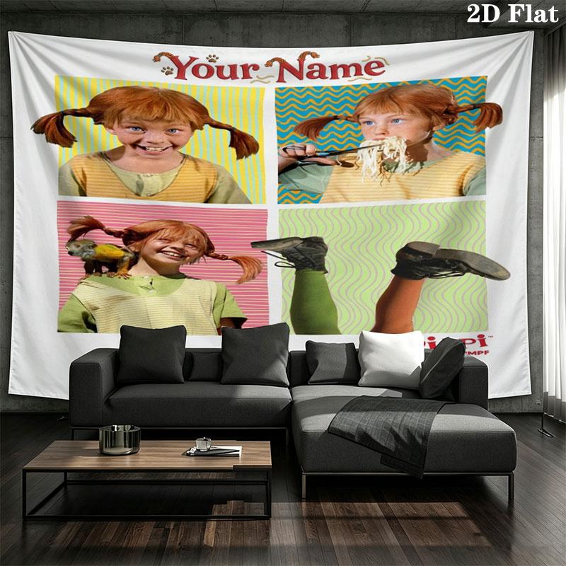 Pippi Longstocking Custom Name Wall Tapestry Aesthetic Wall Hanging Printed Fabric Blanket Decorative Tapestries for Bedroom Living Room Home Decor