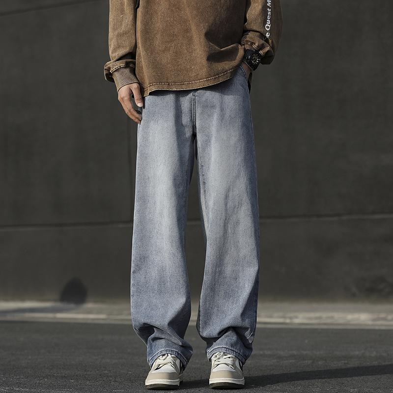 Hongkong-Stil Distressed High Street Straight Jeans Herren Locker Lässig Koreanischer Stil Trendig Lässig Weitbeinige Hose