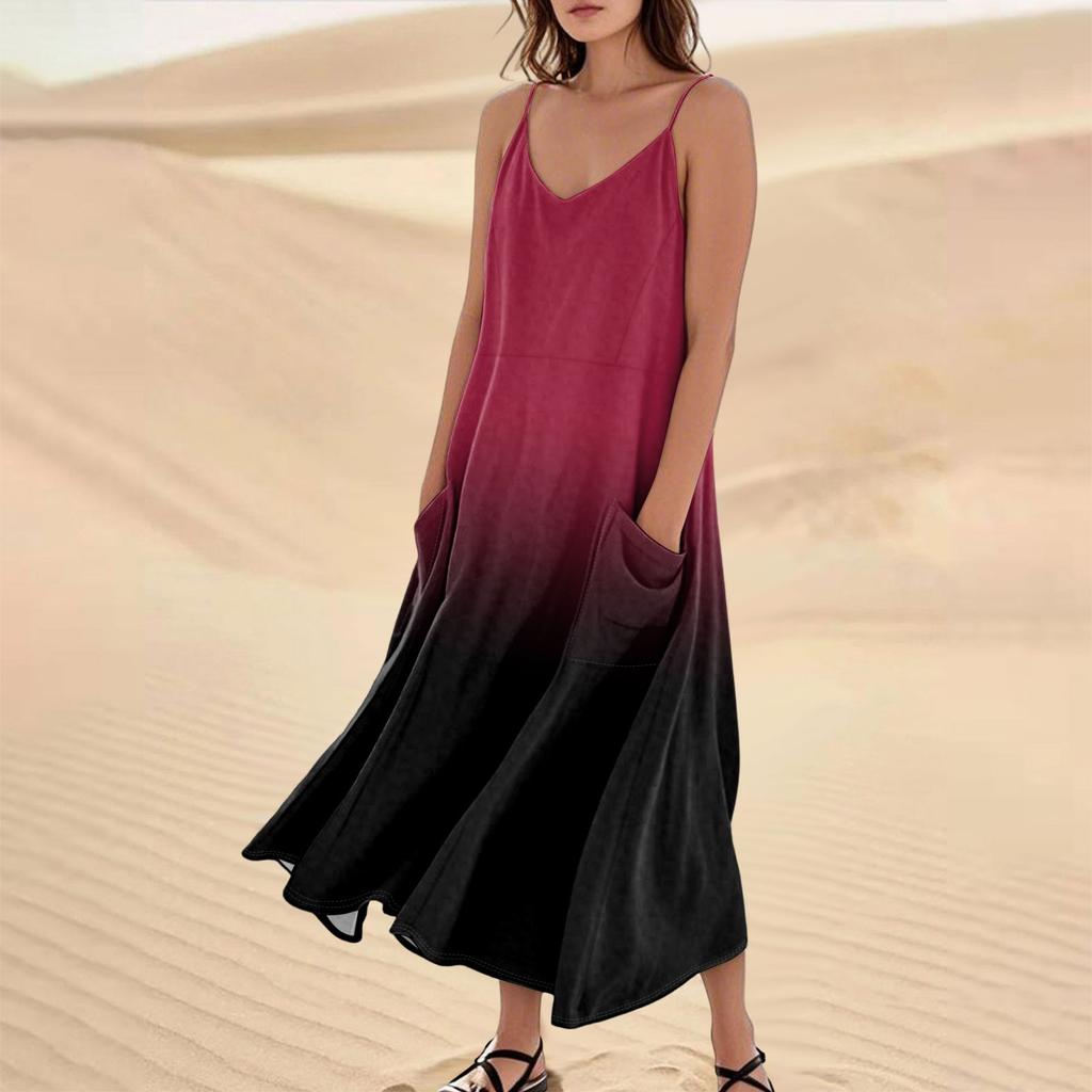 Women's Casual V Neck Gradient Print Sleeveless Pocket Suspender Dress