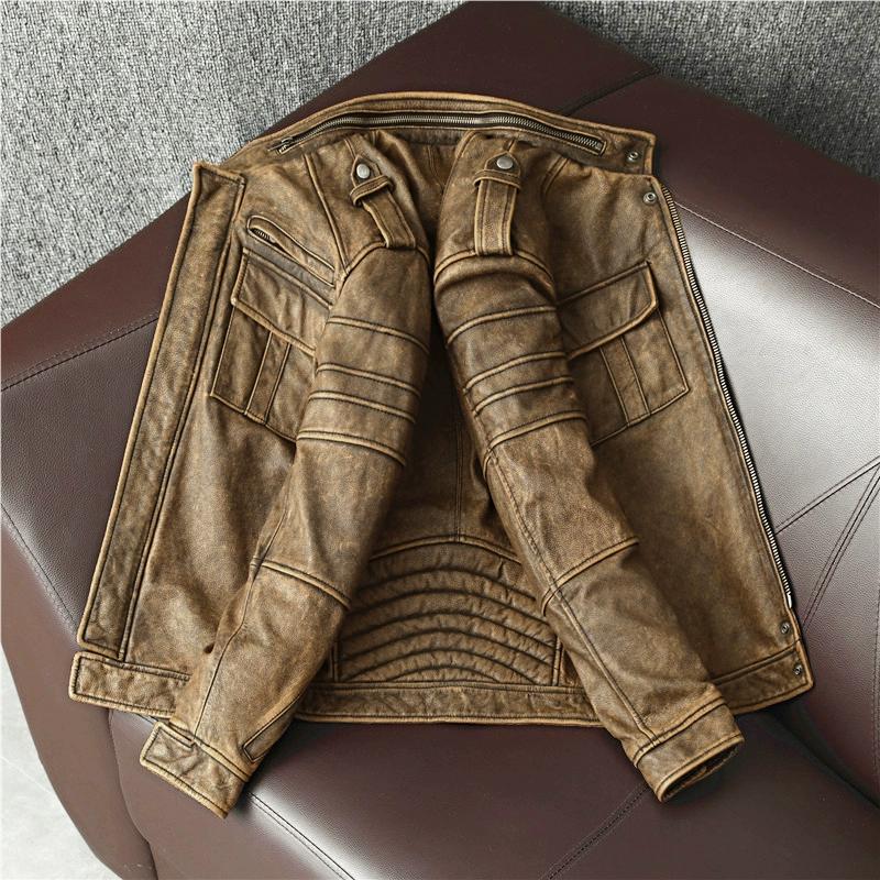 Vintage Genuine Leather Jacket Men Short Distressed Biker Coat Pure Cowhide Motorcycle Jacket Autumn Winter