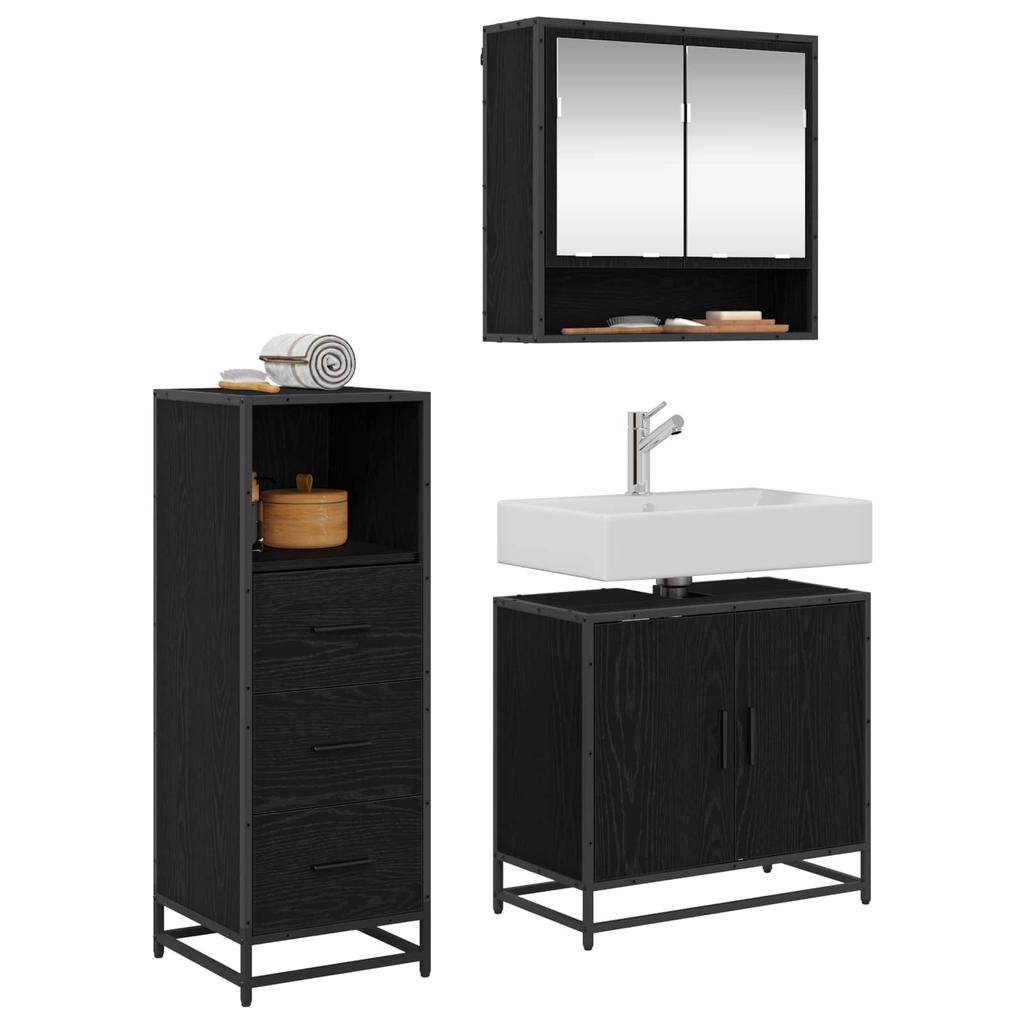 Bathroom Furniture Set 3 Pcs Black Oak Effect Wood Based Material