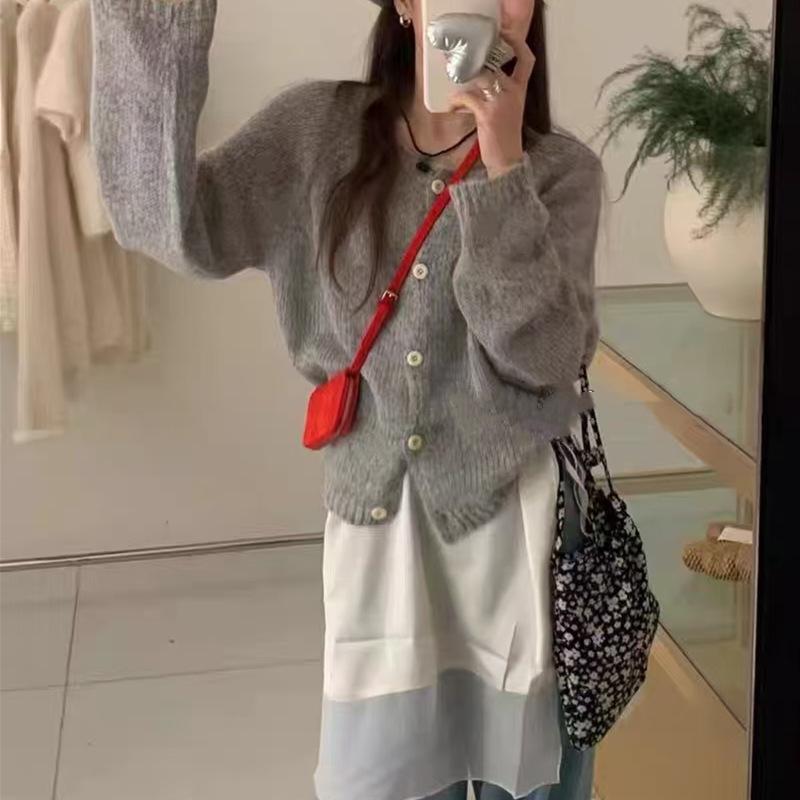 

Осень и зима новый однотонный простой универсальный свитер-жакет женский нежный ветер круглый вырез мягкий восковой вязаный кардиган топ one size fits all серый