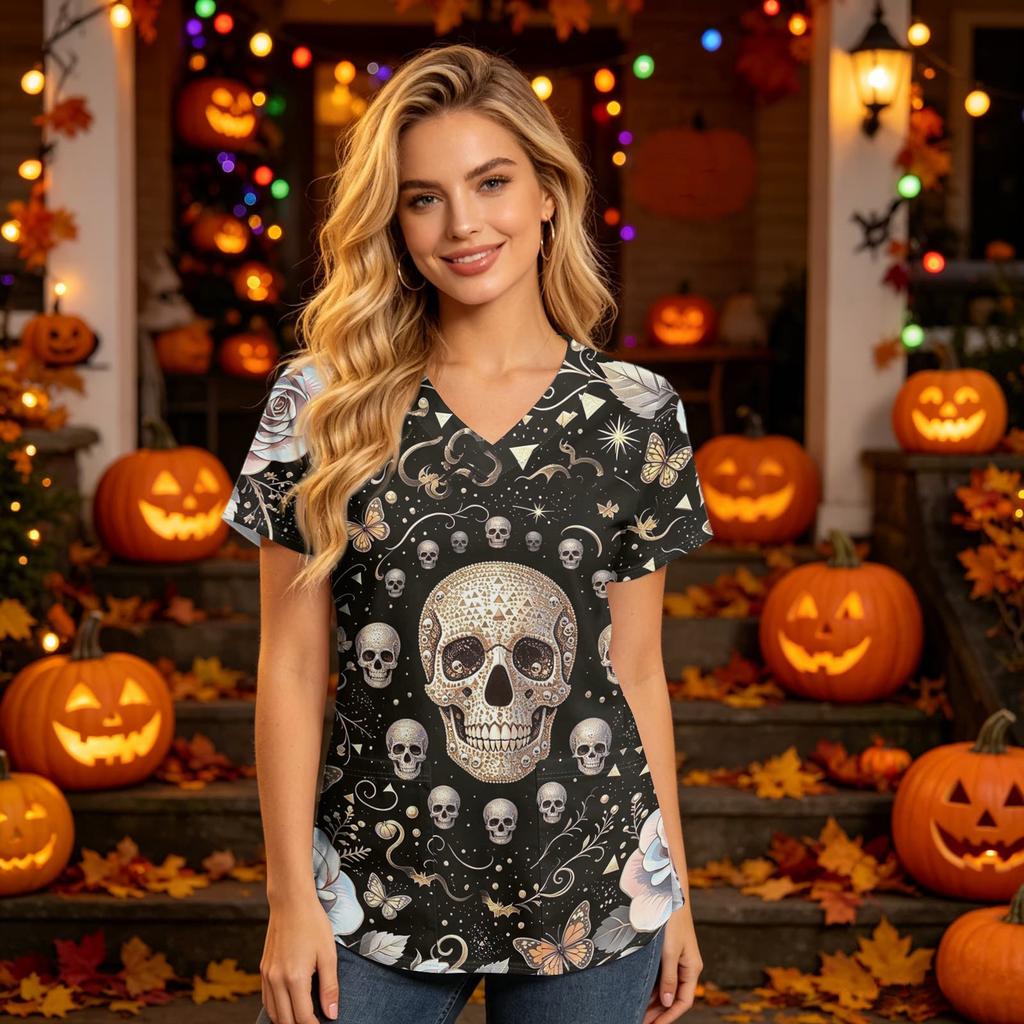 Damski top medyczny z dekoltem w serek, krótkim rękawem i kieszeniami, z nadrukiem Halloween, uniform opiekuna