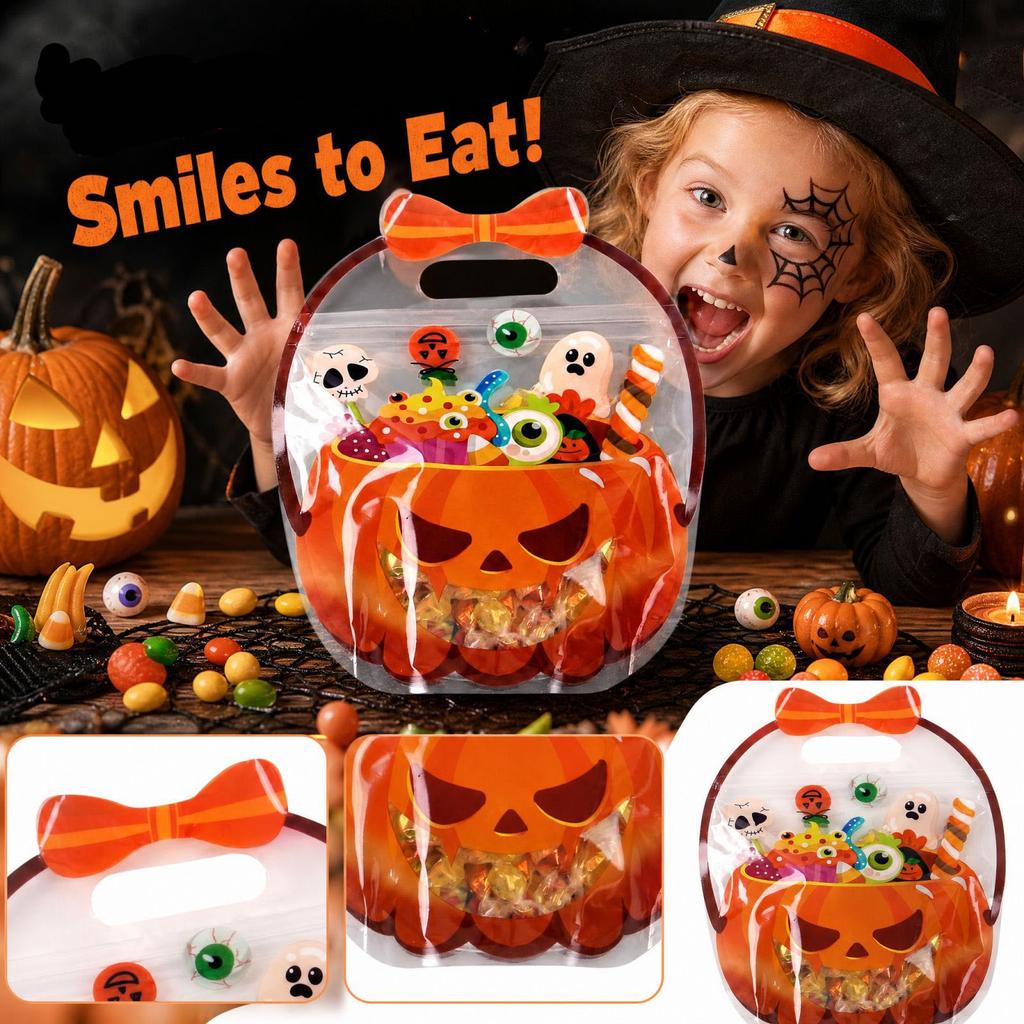 50 Stück Halloween Party-Tüten, Selbststehend verschließbare Goodie Bags für Süßigkeiten Snacks, Tüten