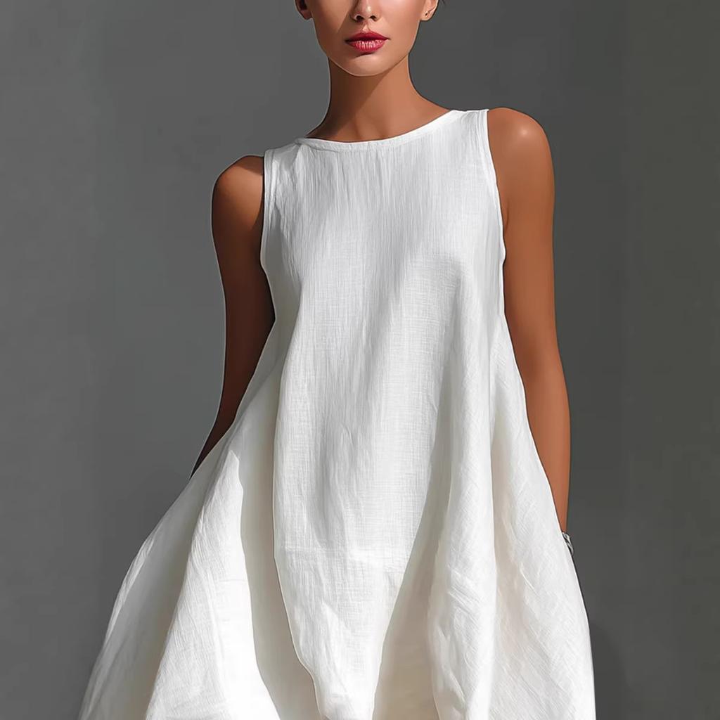 Rochie de vară casual pentru femei, cu gât rotund, fără mâneci, lungime asimetrică, croială lejeră, aspect de in
