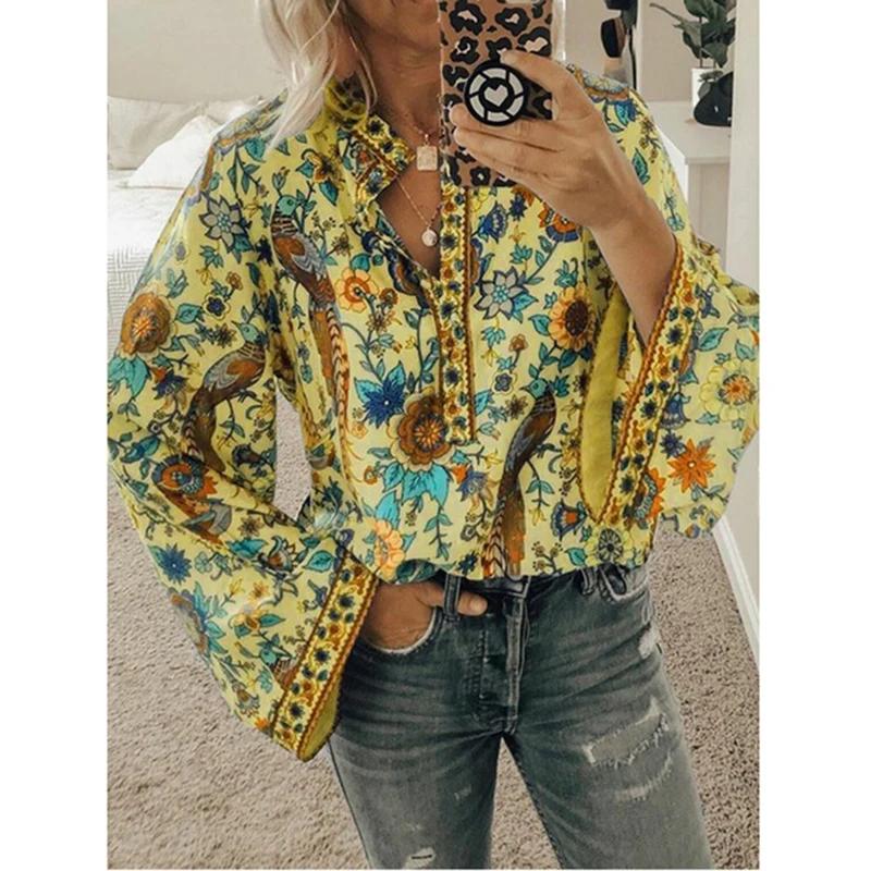 Spring Autumn Print Aesthetic Loose Casual Shirt Women Long Sleeve Vintage All Match Lady Blouse Sweet Fashion