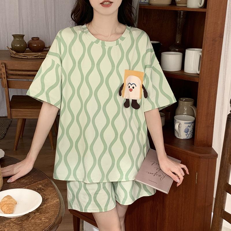 

Летний модный свободный пижамный комплект с милым рисунком в зеленую полоску, женские тонкие топы с короткими рукавами и шорты, пижамы, подходящие для верхней одежды, домашнего отдыха