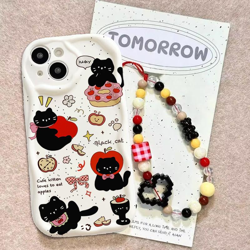 Cute Cat With Apple Fruit Chain Case For Google PIXEL 7 8 9 10 Pro XL 7A 8A Soft Silicone Wave Side Cartoon Cover