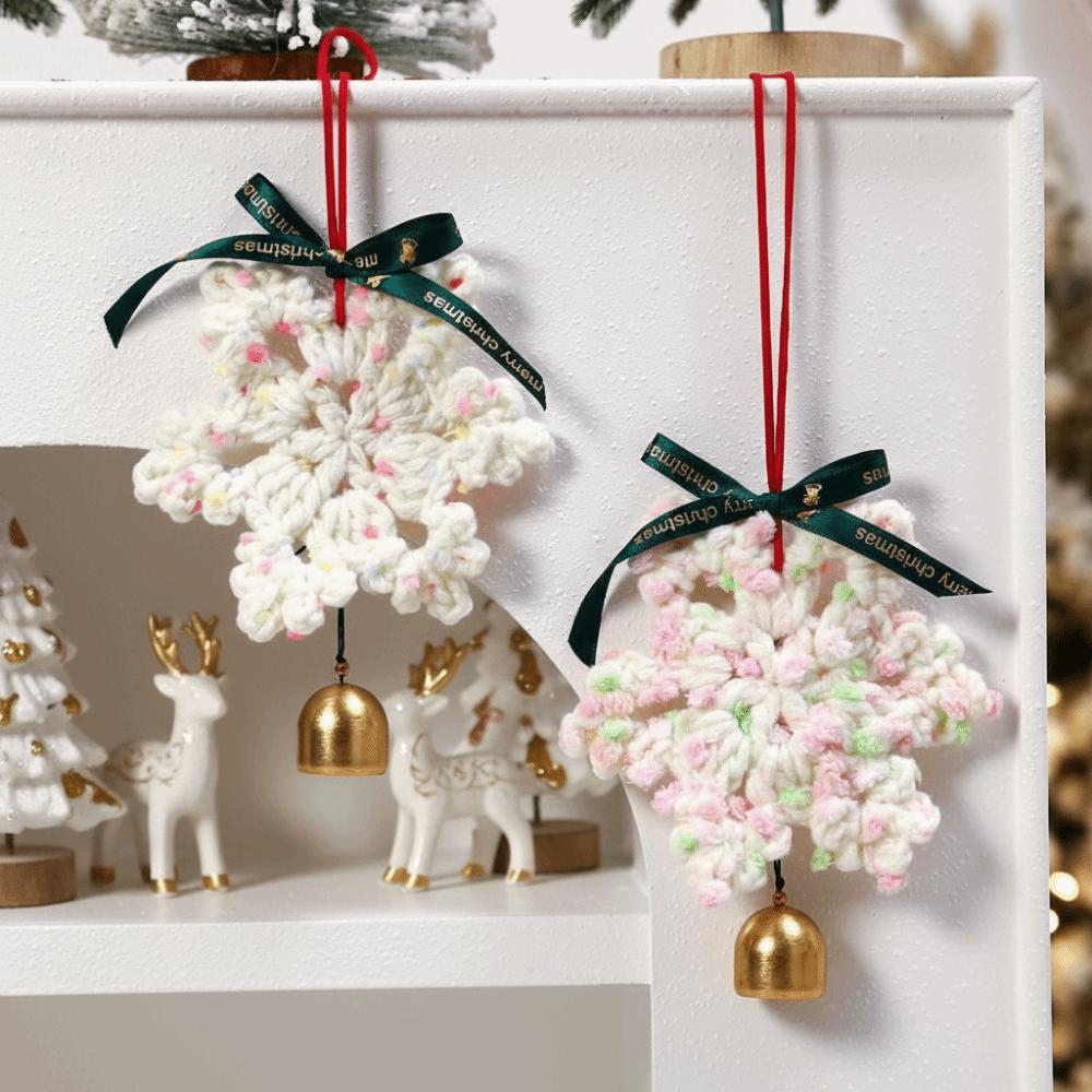 16cm Hand-Knitted Christmas Bell Pendant Creative Woven Xmas Tree Pendant Ribbon Bow Crochet Snowflake Pendant With Hanging Rope