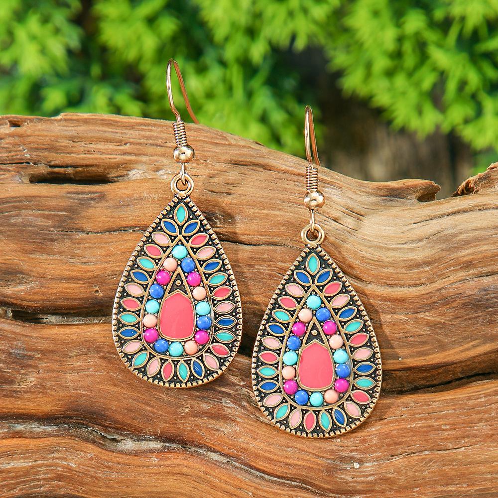 Vintage Bohemian Vacation Style Female Earrings Fashion Ethnic Unique Drop Oil Colorful Geometric Dangle Earrings Female Jewelry