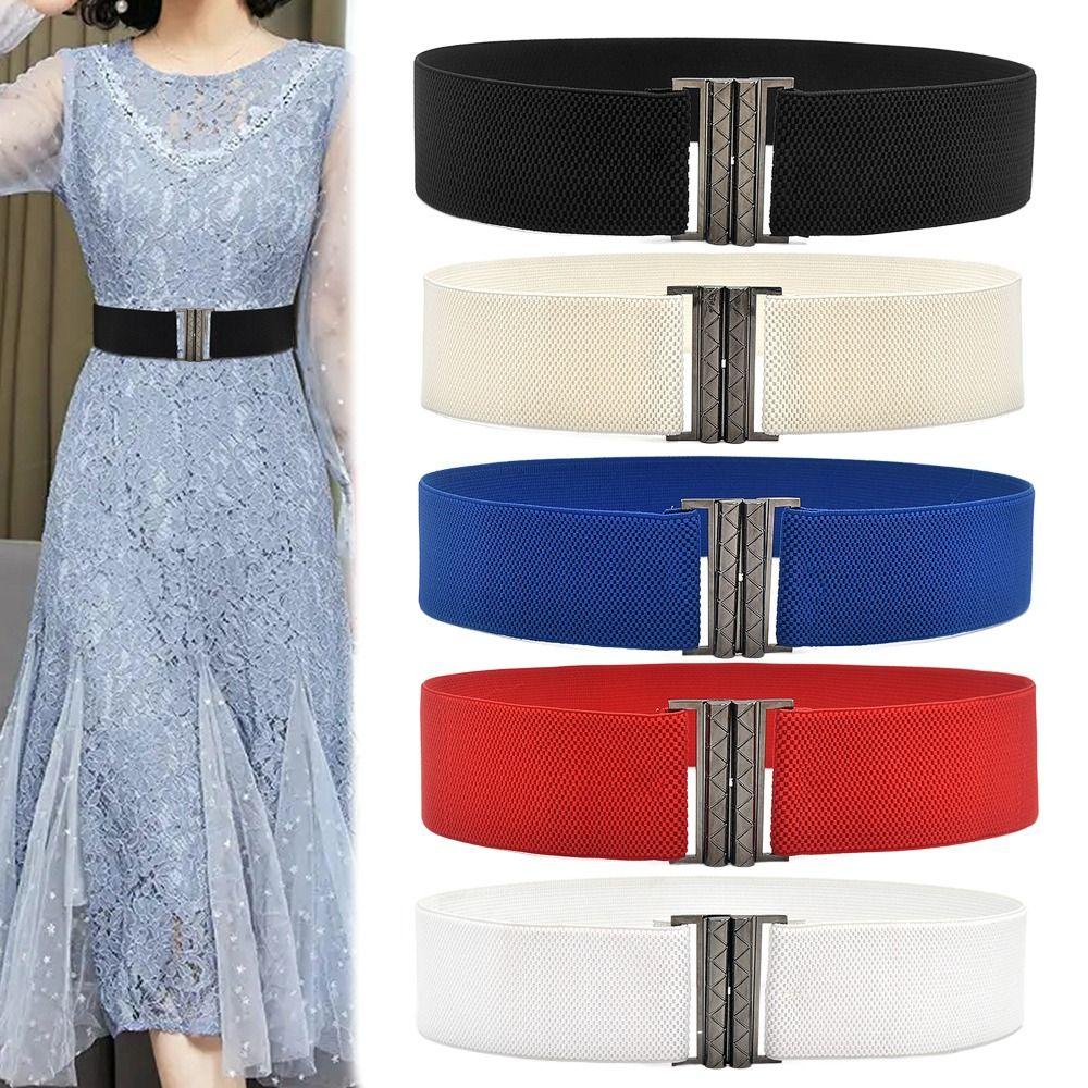 Fashion Metal Buckle Women Elastic Band Waist Defining Solid Color Stretch Waistband Comfortable Waist Corset Ladies Female