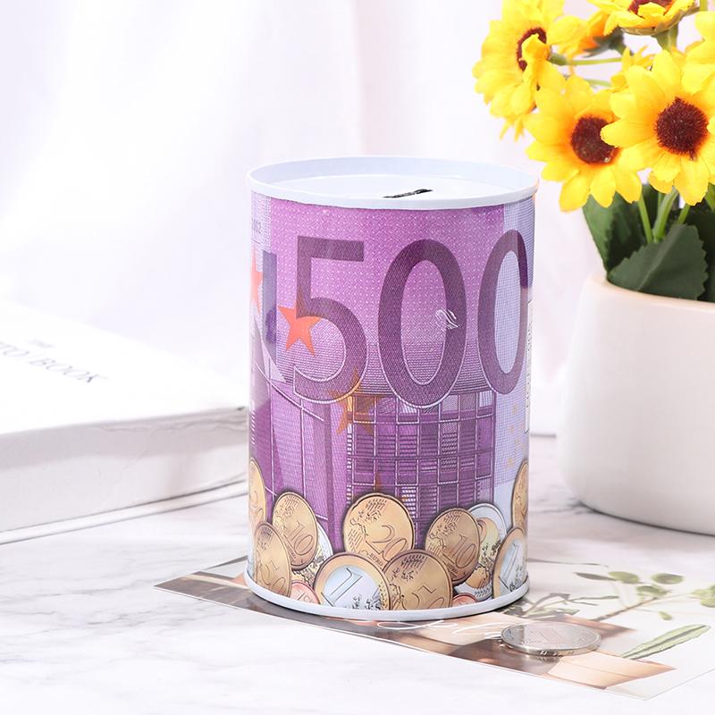Tinplate Cylinder Piggy Bank Euro Dollar Picture Box Household Saving Money Box Random