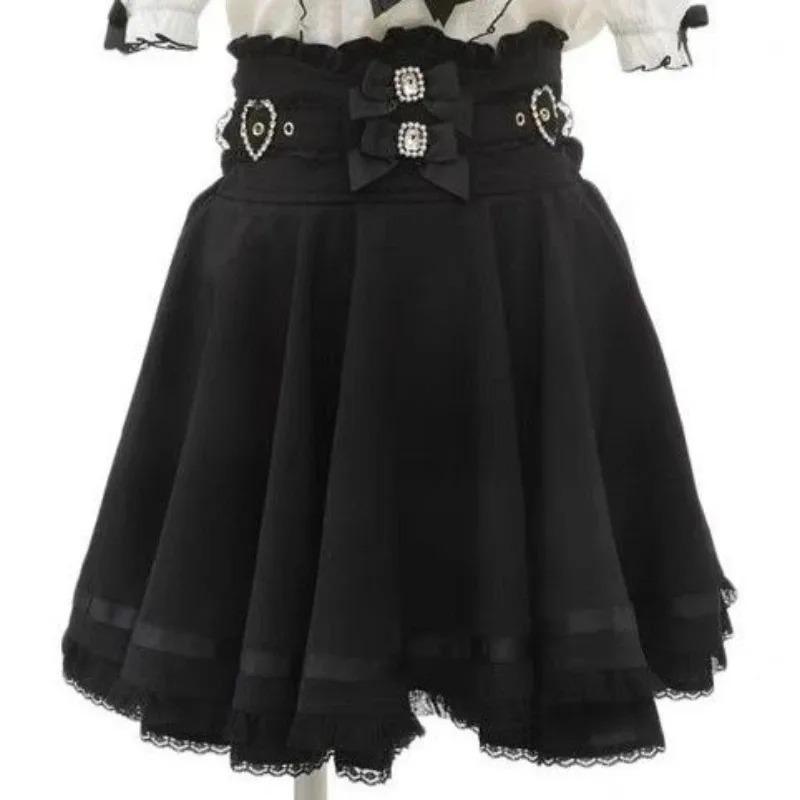 Japanese Sweet Lolita Style Mini Skirt Women Elegant Lace Bandage Party Cake Skirts Female Gothic Y2k Metal Buckle Skirt