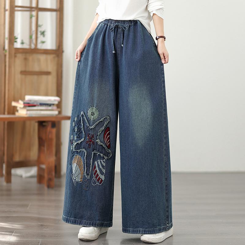 Plus Size Vintage Embroidery High Waist Casual Loose Women Spring Summer Autumn Jeans Denim Wide Leg Pants