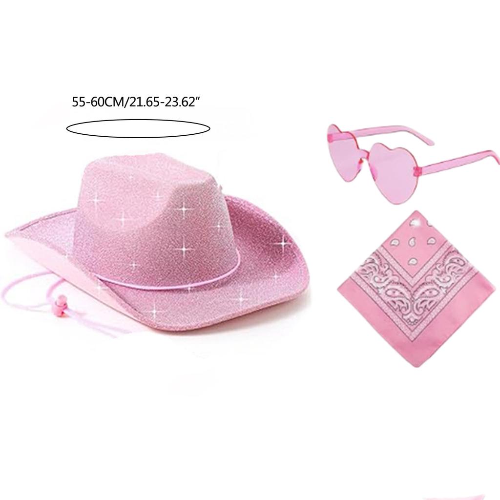 Glittering Pink Cowboy Hat Bandana Sunglasses Costume Women Musical Festival Dress Up Costume Bachelorette Party Props