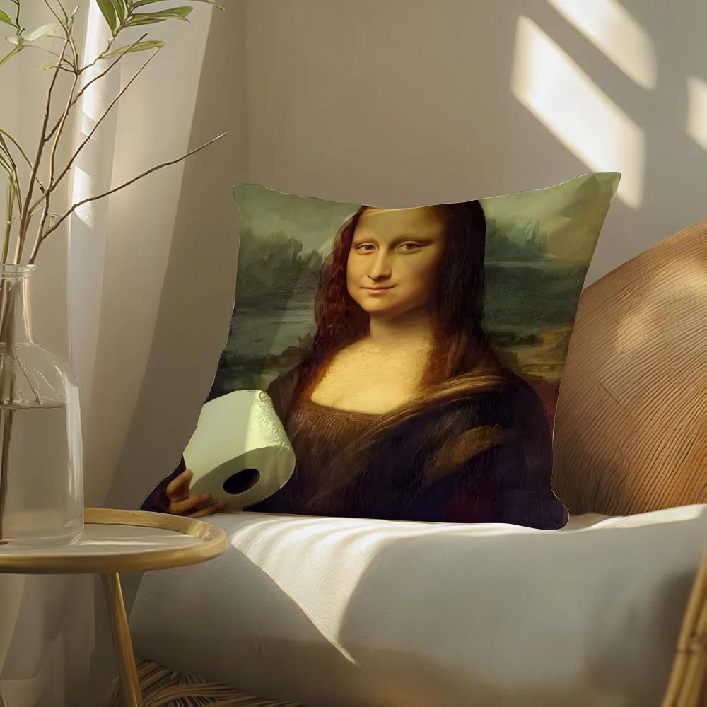 Mona Lisa Wearing Pearls Girl Cushion Cover Soft Short Plush Pillow Cover Smooth Cozy Texture Aesthetic Cushion Case Home Decor