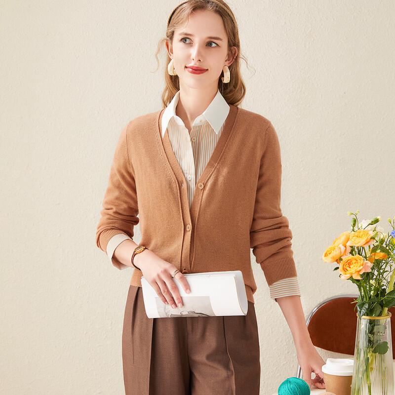 TUHUANG Women's Pure Wool V-Neck Cardigan Sweater